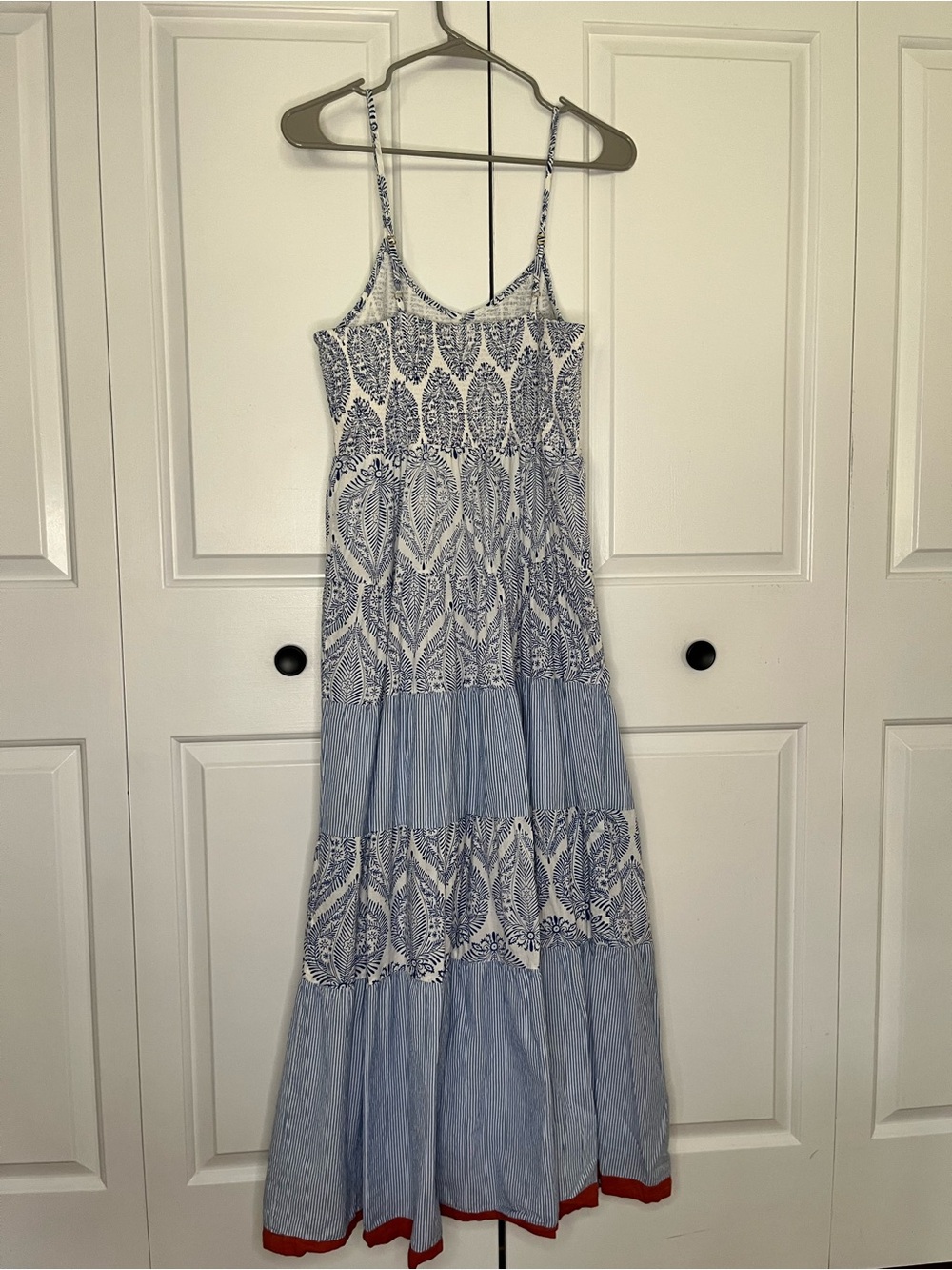 THML Blue and White Printed Tiered Maxi Dress with Red Hem - Picture 3 of 3